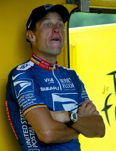 Lance Armstrong of the US Postal-Berry Floor team after the 18th stage of the 2003 Tour de France cycling race in Saint-Maixent-l'Ecole, France. The former US cyclist has been ordered to pay a record 10 million US dollar to Texas based firm SCA promotions. EPA/Gero Breloer