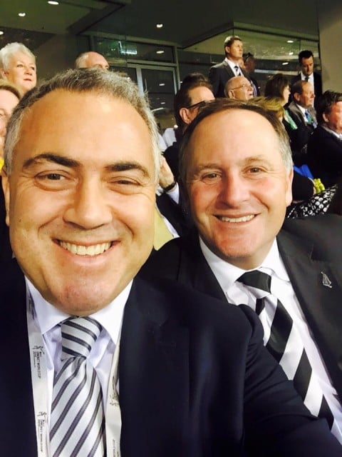 Joe Hockey in an apparent selfie with NZ PM John Key at the Melbourne Cricket Ground during NZ’s ill-fated cricket adventure against Australia. Photo from Mr Hockey’s Facebook page.