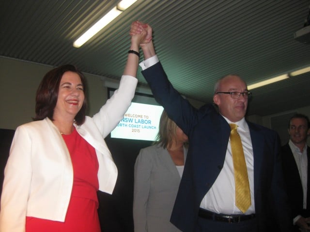 Queensland premier Annastacia Palasczcuk and NSW opposition leader Lukr Foley during labor's north coast policy launch at Banora Point on Friday. Photo Luis Feliu