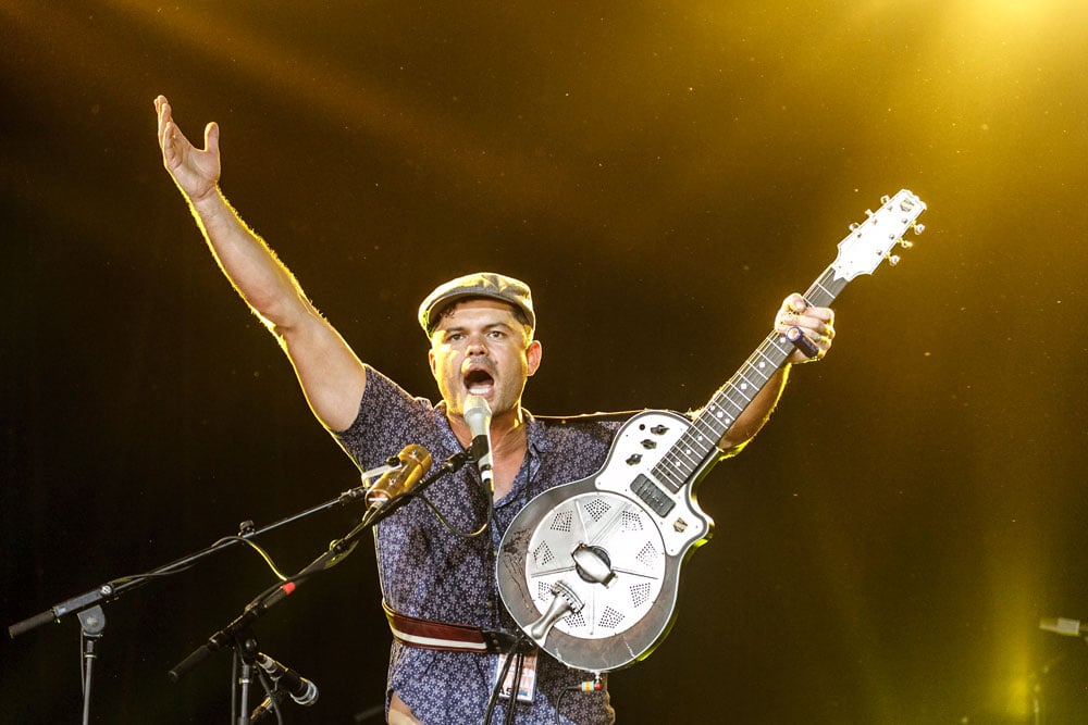 Ash Grunwald got the Bluesfest ball bouncing yesterday on the Crossroads stage at Tyagarah. Photo Tree Faerie.