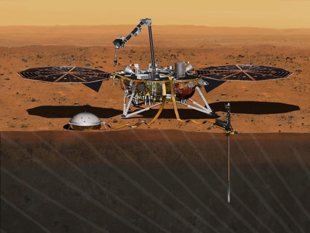 This August 2015 artist's rendering provided by NASA/JPL-Caltech depicts the InSight Mars lander studying the interior of Mars. The spacecraft was scheduled to launch for Mars in March 2016 but NASA said Tuesday that managers have suspended the launch because of an air leak in one of two prime science instruments, a seismometer which belongs to the French Space Agency. (NASA/JPL-Caltech via AP)