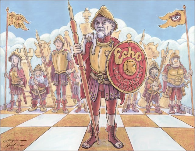 The Gold Watch, a portrait of the author on the occasion of his alleged retirement, by Stephen Axelsen, with acknowledgements to Terry Pratchett.