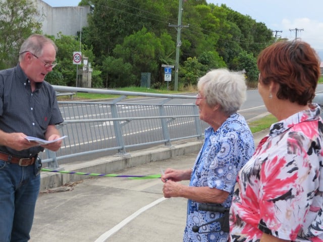 Lloyd Poynting's widow - Gloria Poynting about to cut the ribbon dedicating the bridge. Photo supplied.