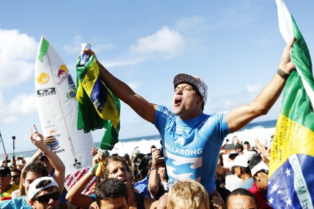 Adriano De Souza of Brasil winning his maiden WSL World Title at the Billabong Pipe Masters on Thursday. Photo World Surf League