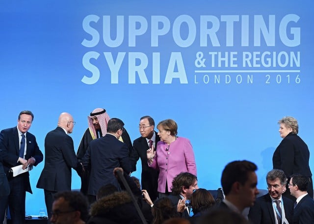 British Prime Minister David Cameron (L-R), Lebanese Prime Minister Tamman Salam, Kuwait Emir Sheikh Sabah Al Ahmad Al Sabah, Turkish Prime Minister Ahmet Davoutoglu, UN Secretary General Ban Ki-moon, German Chancellor Angela Merkel, and Norwegian Prime Minister Erna Solberg following the press conference at the 'Supporting Syria And The Region' Conference in London, on February 4. Photo EPA/Andy Rain