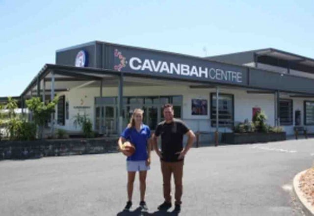 Cavanbah Centre community facilities coordinator Morgan Lowe with Byron shire mayor Simon Richardson outside the Cavanbah Centre now powered by sustainable rooftop-solar energy. Photo supplied