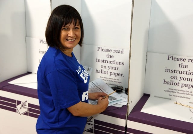 Richmond MP Justine Elliot is set to hold onto her seat. She is pictured  voting today at Tweed Heads, with supporters Jess and Alex. Photo Eve Jeffery 