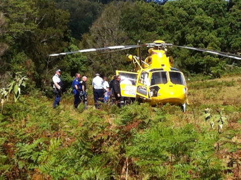 Photo taken last week of the rescue helicopter praparing to airlift the Injured logger to hospital. Photo Patrick Tatam