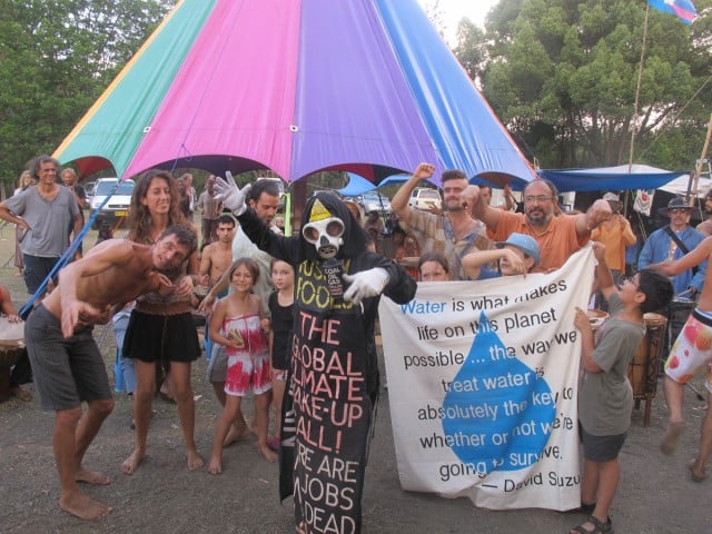 Activist Benny Zable in his well known 'Fossil Fools' outfit promotes Byron's upcoming climate change rally. Photo Harsha Prabhu