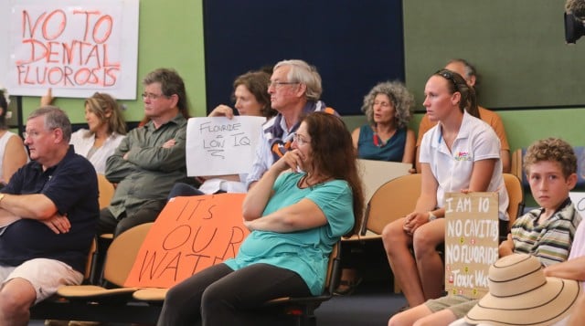 Residents opposing fluoride in the gallery at Byron Shire Council's meeting yesterday (November 21), during which the council voted to keep fluoride out of the shire's water supply. Photo: Jeff Dawson