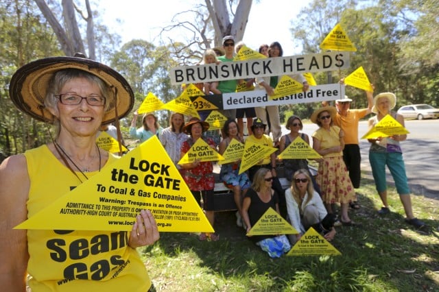 Olga Tresz, co-ordinator of Byron shire's Lock the Gate alliance, front, with  others at yet another anti-CSG protest in Brunswick Heads on Sunday. Photo Jeff Dawson
