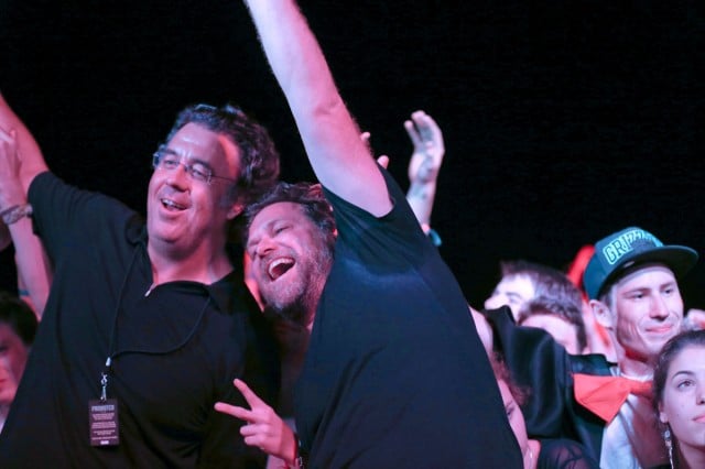 The Falls Music and Arts Festival director Brandon Saul, left, and Byron shire mayor Simon Richardson celebrating New Year's Eve at The Roots concert.
