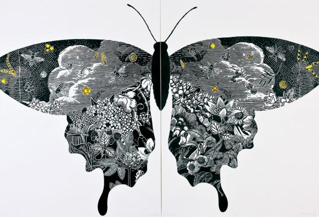 Jenny Kitchener, Pollinate or perish I, 2013, linocut and watercolour, 111 x 74cm. Photograph - Rochelle Summerfield   