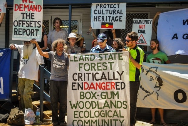 Leard State Forest blockade campaigners paid an impromptu visit to the offices of Whitehaven Coal in Boggabri on Wednesday urging the release of the independent review of the company’s offsets plan for the controversial Maules Creek mine. Photo leardstateforest 