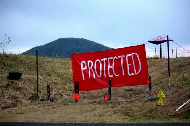 A banner that was hung at the Bentley gas well site . Photo Marie Cameron