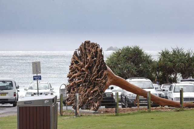 A Monumental Artwork by artist John Dahlsen, which caused controversy in its location on Byron's beachfront, will be removed due to an infestation of borer and wood rot. Photo Jeff Dawson