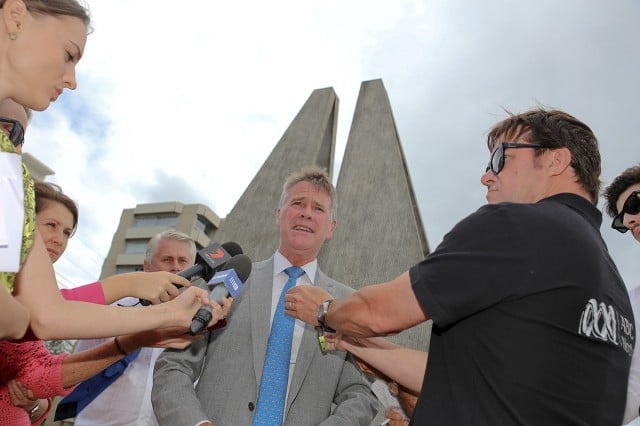 Andrew Stoner holding a media conference at the NSW-Qld border opposite Twin Towns club yesterday morning. Photo Jeff Dawson