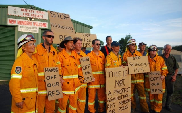 RFS volunteers from around the region yesterday protested at the use of the Bentley Fire Station as a police command centre during anti-gas protests. Photo David Lowe