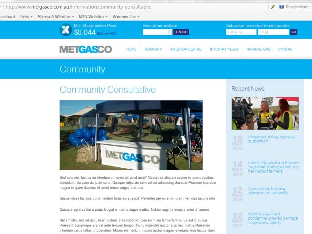The Community Consultative page on Metgasco's website as it appeared yesterday.