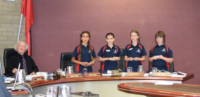 Members of the Alstonville Public School debating team Chiara Wenban, Jessica Chate, Charlotte Lopes and Lara Adcock argued that if a bypass of Wardell went ahead, ‘many animals would be killed, most importantly koalas. Mayor David Wright is also pictured.