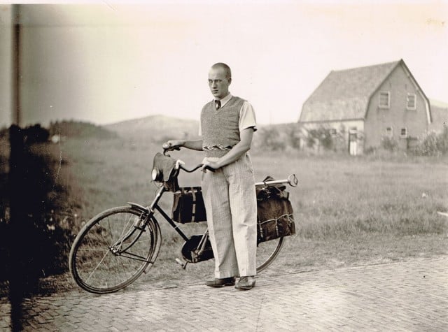 Frans with the portable 'boom box' he made to fit his bicycle in 1936.
