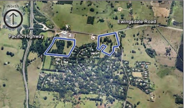A high-level aerial photograph of the planned retirement village and retail site at Ewingsdale.