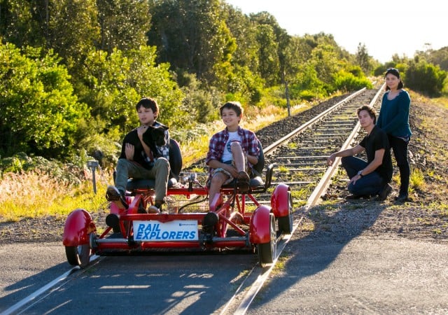 James and Charlie, with parents Alex and Mary-Joy, show how much fun rail carts would be if they were given the go-ahead. Photo Jeff ‘Carted Off Since 1986’ Dawson