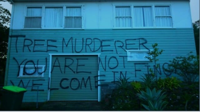 The graffiti painted on the house in Queen Street, Fingal Head earlier this year.
