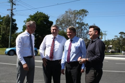 (l-r) Deputy premier Andrew Stoner with roads minister Duncan Gay, Ballina MP Don Page and Byron shire mayor Simon Richardson. Photo supplied