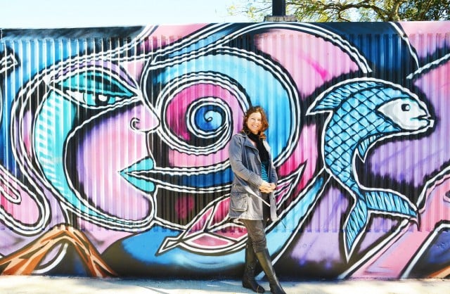 Lismore City Council’s environmental strategies officer Vanessa Tallon with the new levee wall mural near the Lismore Skate Park.