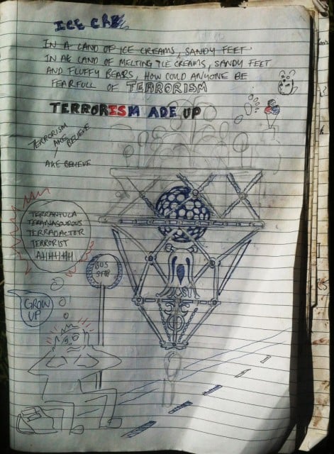 The offending 'terror doodle' that caused Tigerair passenger Oliver Buckworth to be ejected from his flight to Gold Coast airport last week.