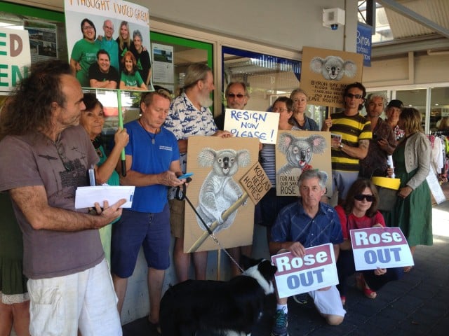 A peaceful protest outside the office of Byron Shire Councillor and Greens party defector Rose Wanchap this morning (October 17) has broken up without incident.