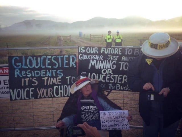 Gloucester woman Kate Fry who attached herself to the entry gate of AGL's controversial coal seam gas project. Photo: Lock the Gate Alliance