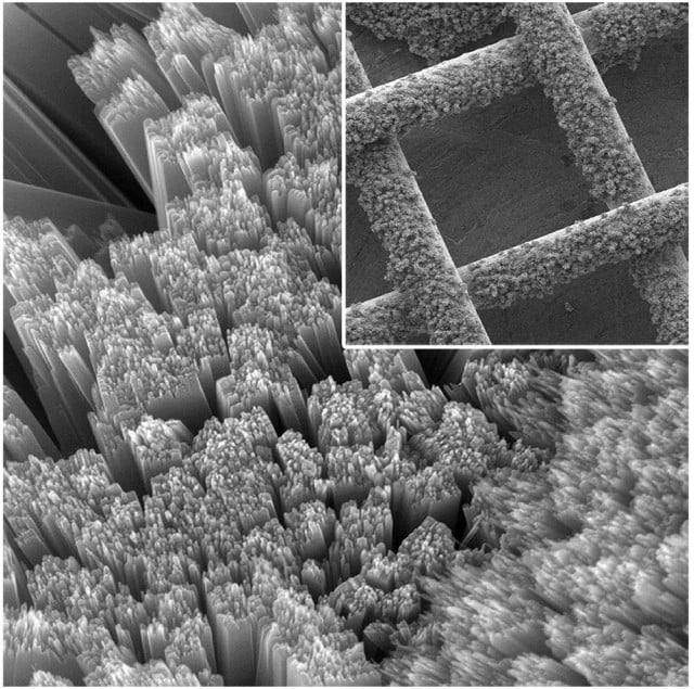 Researchers at The Ohio State University have invented a solar battery – a combination solar cell and battery – which recharges itself using air and light. The design required a solar panel which captured light, but admitted air to the battery. Here, scanning electron microscope images show the solution: nanometre-sized rods of titanium dioxide (larger image) which cover the surface of a piece of titanium gauze (inset). The holes in the gauze are approximately 200 micrometres across, allowing air to enter the battery while the rods gather light. Image courtesy of Yiying Wu, The Ohio State University