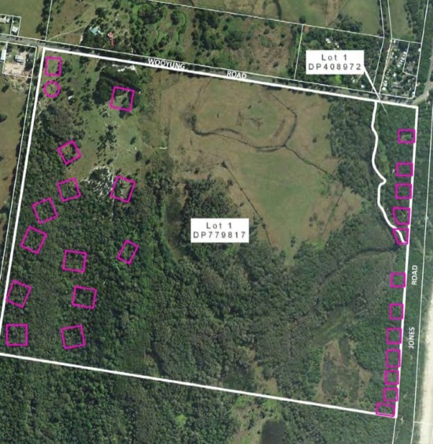 An aerial photo of the Wooyung site on the Tweed-Byron shire border proposed for the 25-lot luxury residential development (marked in purple). Image: Tweed Shire Council 