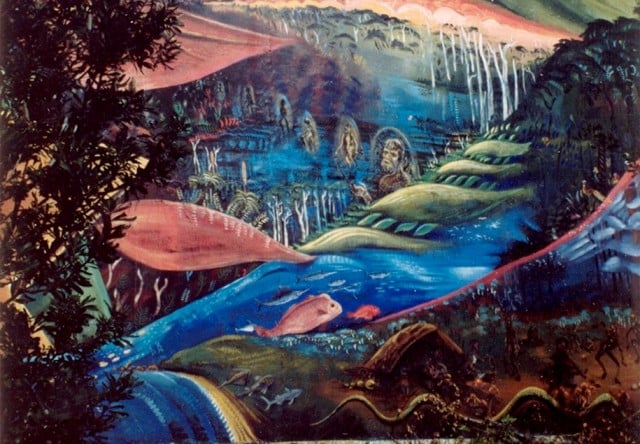 Evocative image of Byron wetlands and coast from Ian Walker’s mural on the Paterson Street water tank. Photo Mary Gardner