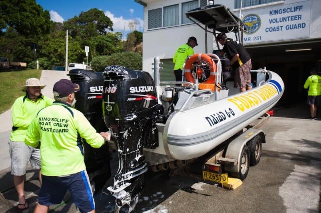 Time to pack up. Members of Coast Guard Kingscliff store away their boat. (supplied) 