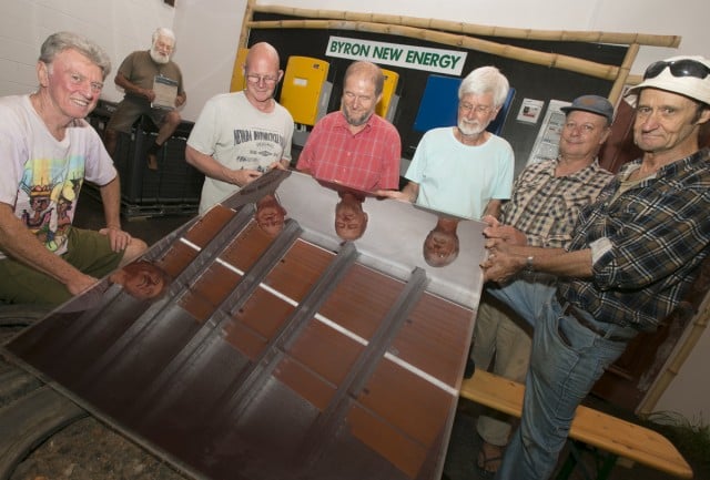 Members of the Byron New Energy group show off the latest in solar-panel technology in preparation for their big Renewable Energy Open Day tomorrow (Saturday) at Tyagarah. Photo Jeff Dawson 