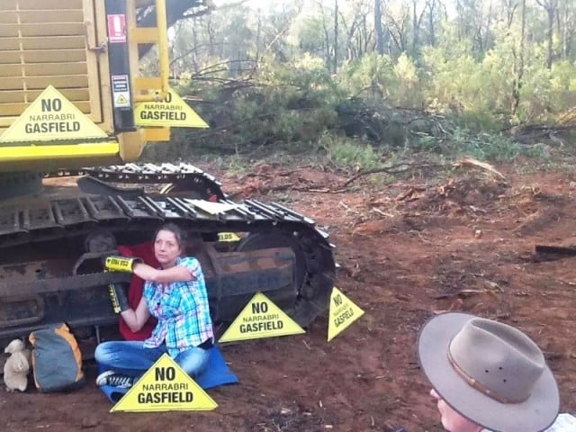 Coonabarabran mother of three Nicole Hunter, who locked onto a bulldozer to prevent Santos deforestation work at its now mothballed project in the Pilliga forest. Photo supplied