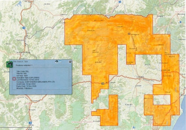 A map showing the renewed areas of Dart Energy's PEL 445, with Byron Bay, Mullumbimby and Ballina excluded but Lismore included. 