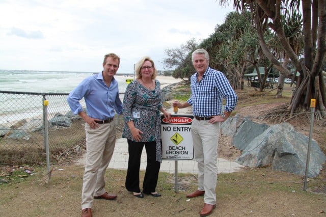 NSW environment minister Rob Stokes and Tweed MP Geoff Provest inspect erosion at Kingscliff with Tweed Shire Council's Jane Lofthouse. Photo supplied 