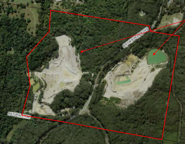 The Broken head quarry site on  both sides of Broken Head Road, Suffolk Park. Image Byron Shire Council