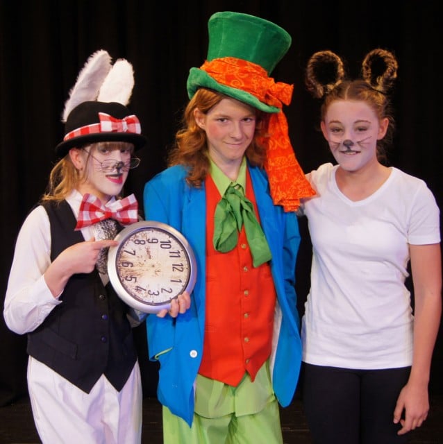 Ballina Players White Rabbit (Rebekah Johnson), Mad Hatter (Sebastian Gallagher) and March Hare (Danni Reeks). Photo supplied.