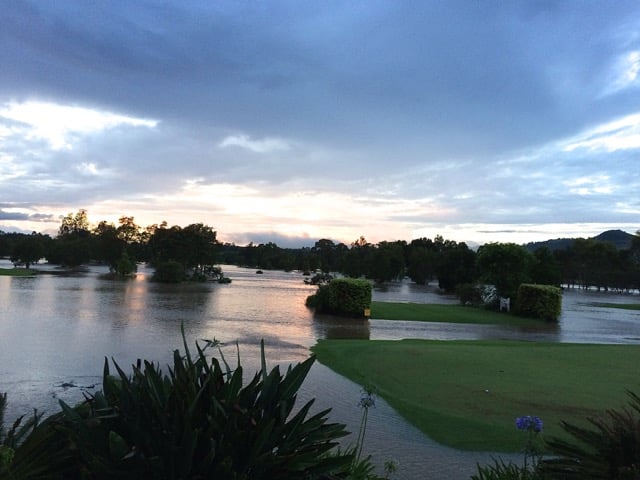 Mullumbimby golf course under water at dawn yesterday. Photo Marcus Mohler