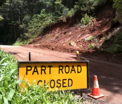 Wilsons Creek Road is again reduced to one lane due to a landslip. Photo Byron Shire Council