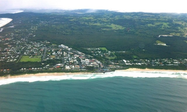 This aerial photograph, taken on February 21, 2015 shows the affect of high tide and erosion at Byron Bay's Main Beach. Photo Norm Sanders