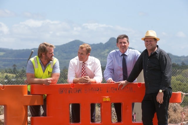 Council's Environmental Planning Officer Lloyd Isaccson discusses the new low toxic chemical and problem waste facility at Myocum with the Minister for the environment Rob Cross while Chris Bevis and the Mayor pose.