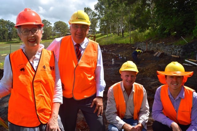 Lismore’s mayor Jenny Dowell, Lismore MP Thomas George, Bennett Constructions site manager Scott Bennett and the council’s project manager Paul Smith at Clifford Park yesterday. (Darren Coyne)