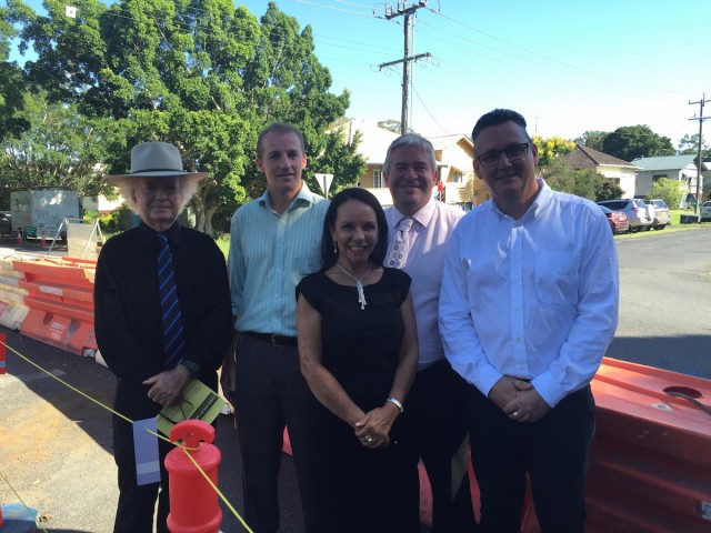 Ballina mayor David Wright, Lismore candidate Isaac Smith, deputy Opposition leader Linda Burney, Tweed candidate Ron Goodman and Ballina candidate Paul Spooner at this morning's announcement. (supplied)