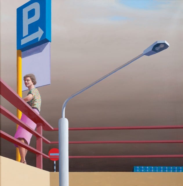 Jeffrey Smart (1921–2013), Fiumicino car park 1975, oil on canvas, 60.2 x 60 cm. Rockhampton Art Gallery collection, Art Acquisition Fund, purchased with the assistance of the Visual Arts Board of the Australia Council 1976. © Reproduced with permission of the artist and Australian Galleries, Melbourne and Sydney.
